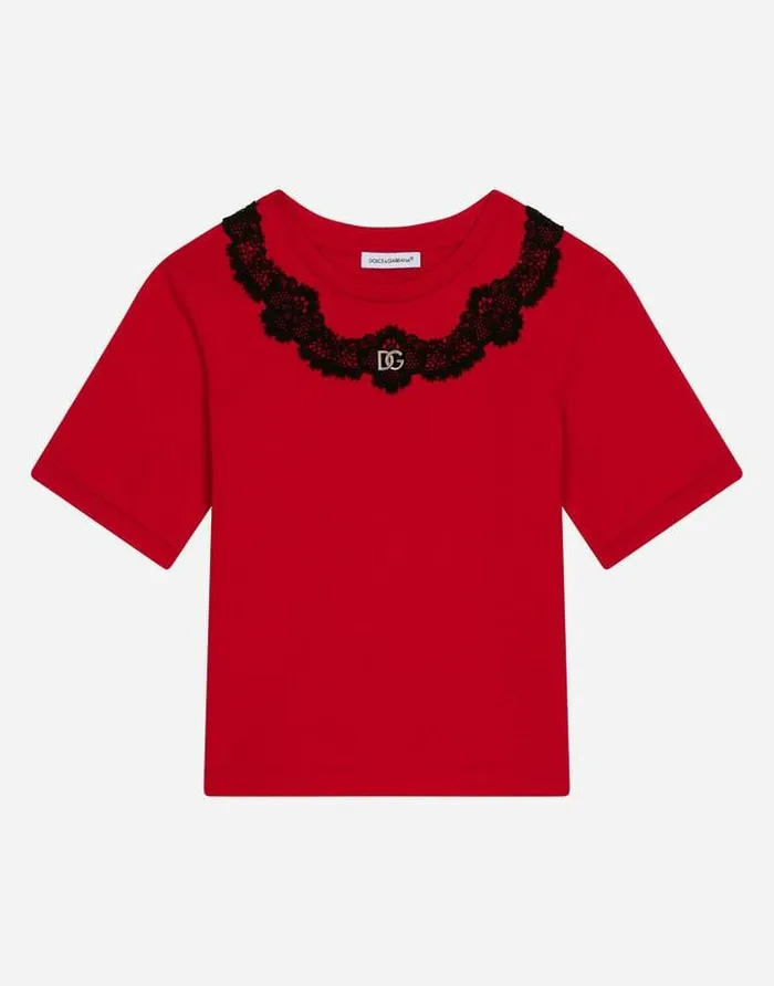 Dolce and Gabbana TShirts And Sweatshirts Children Jersey Tshirt With Lace Insert Red