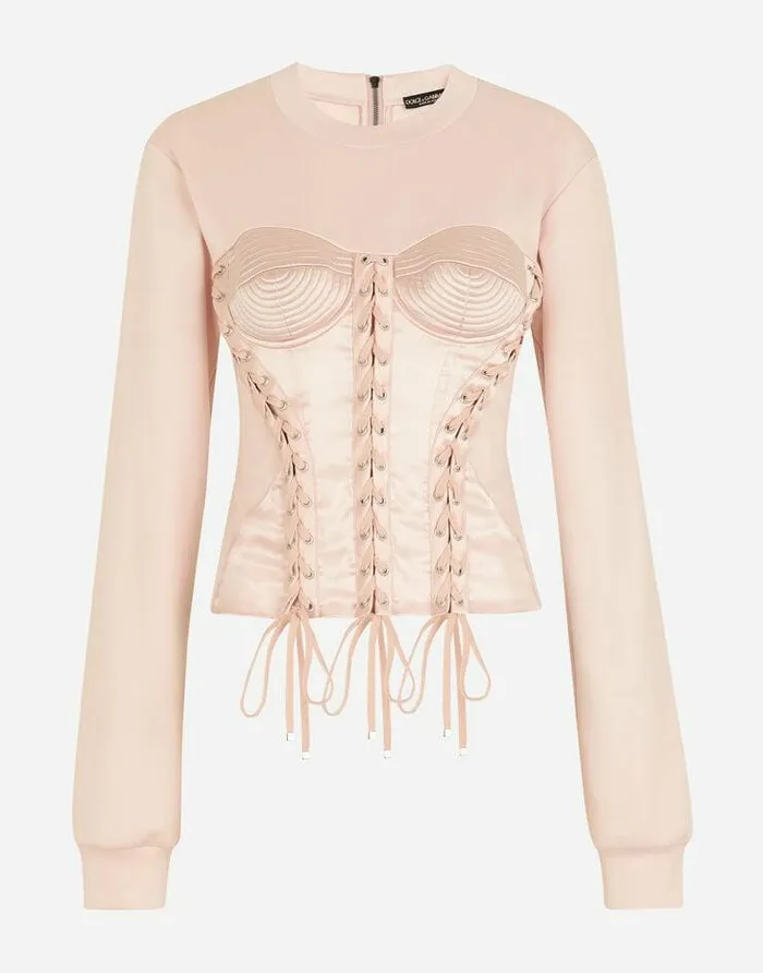 Dolce and Gabbana TShirts And Sweatshirts Women Satin And Interlock Sweatshirt With Laces And Eyelets Pink Dolce and Gabbana TShirts And Sweatshirts Women Satin And Interlock Sweatshirt With Laces And Eyelets Pink