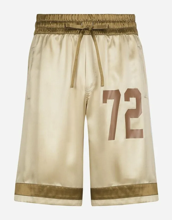 Dolce and Gabbana Trousers And Shorts Men Silk Bermuda Jogging Shorts With Logo Print And Appliqu Multicolor