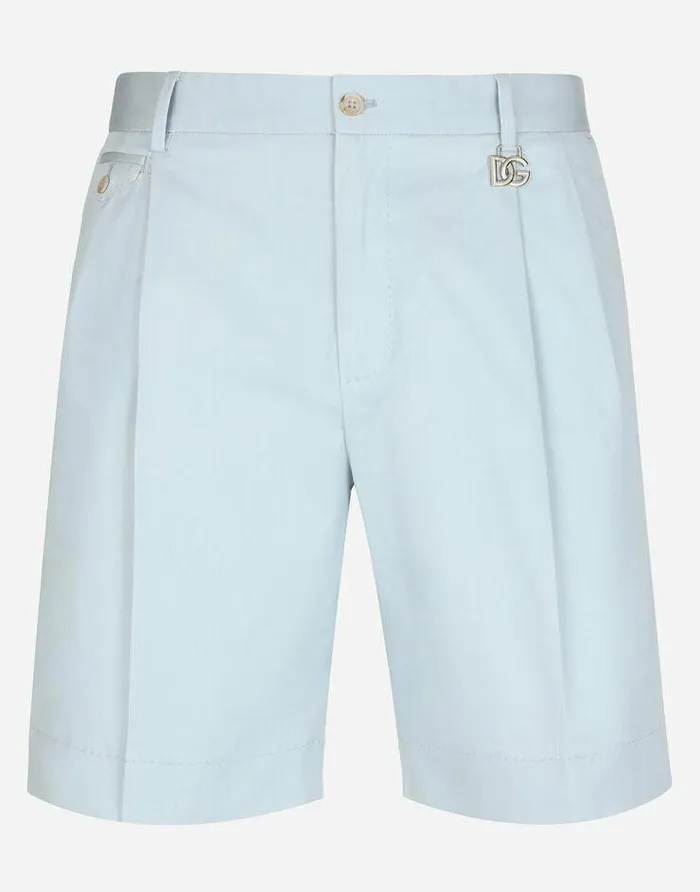 Dolce and Gabbana Trousers And Shorts Men Stretch Cotton Shorts With DG Patch Azure
