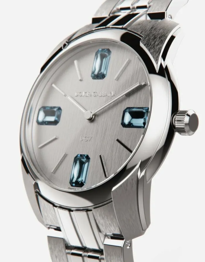 Dolce and Gabbana Watches Men DG7Gems Steel Watch With Light Blue Topazes Steel