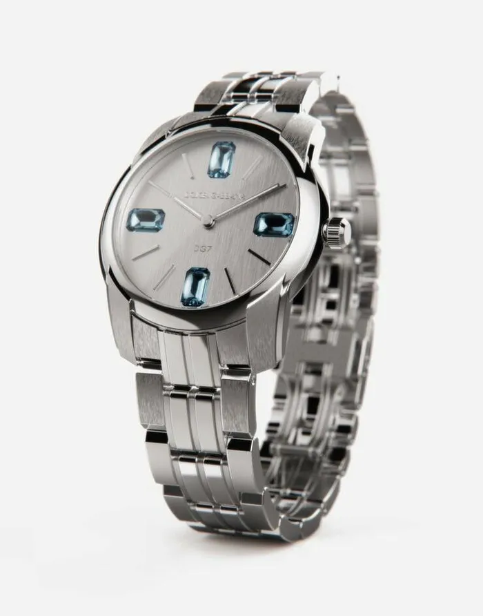 Dolce and Gabbana Watches Men DG7Gems Steel Watch With Light Blue Topazes Steel