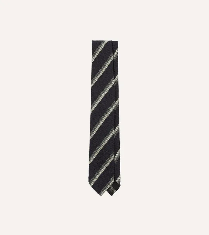 Drake039s Black And Grey Sandwich Stripe Hand Rolled Shetland Wool Tie 8211 Ties