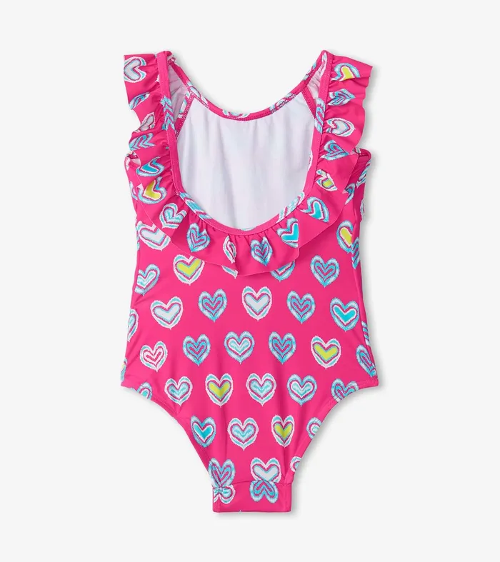 Girls Pink Shibori Hearts Ruffle Sleeve Swimsuit Hatley