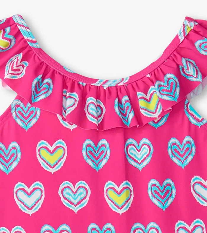 Girls Pink Shibori Hearts Ruffle Sleeve Swimsuit Hatley