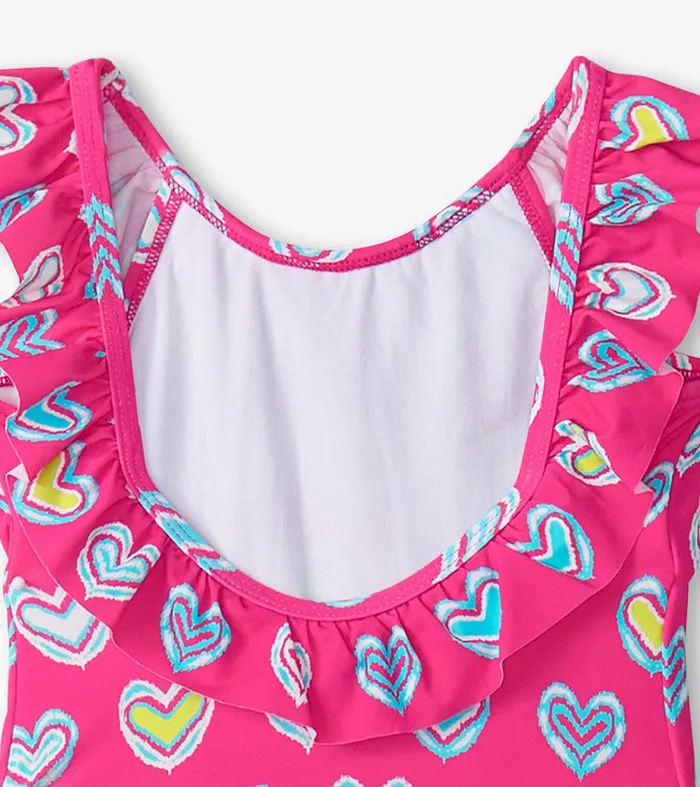 Girls Pink Shibori Hearts Ruffle Sleeve Swimsuit Hatley