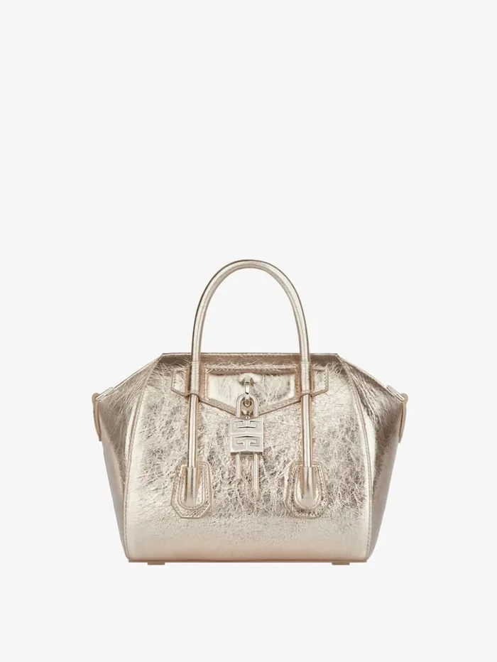 Givenchy Mini Antigona Lock Bag In Laminated Leather Dusty Golden Women Crossbody Bags