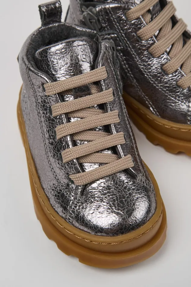 Kids Brutus Metallic Gray Leather Ankle Boots For Kids Camper Boots