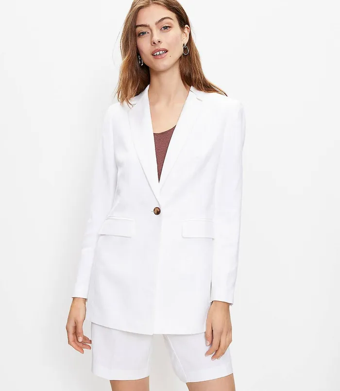 LOFT Linen Blend Boyfriend Blazer White Women Jackets and Blazers