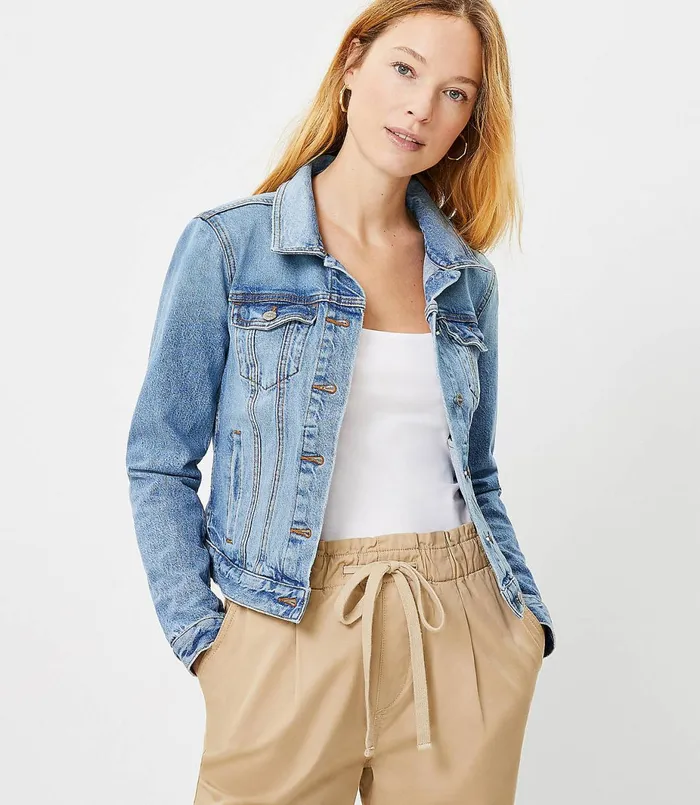 LOFT Petite Denim Trucker Jacket In Original Mid Indigo Original Mid Indigo Wash Women Petite Jackets and Blazers LOFT Petite Denim Trucker Jacket In Original Mid Indigo Original Mid Indigo Wash Women Petite Jackets and Blazers