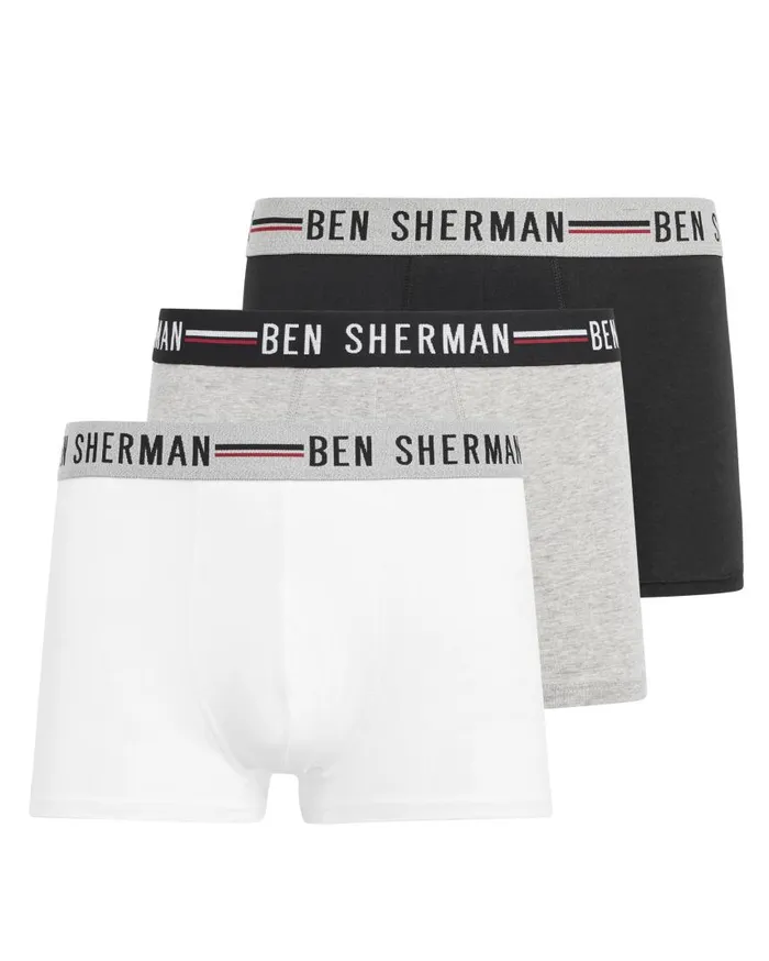 Men Ben Sherman Underwear Roman 3Pack Fitted NoFly BoxerBriefs 8211 BlackWhiteGrey