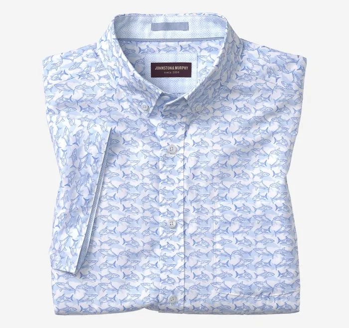 Men Printed Cotton ShortSleeve Shirt Whiteblue Shadow Shark JohnstonandMurphy ShortSleeve Shirts