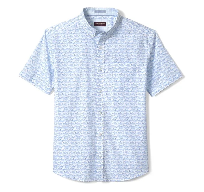Men Printed Cotton ShortSleeve Shirt Whiteblue Shadow Shark JohnstonandMurphy ShortSleeve Shirts