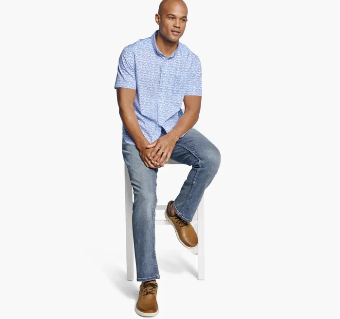 Men Printed Cotton ShortSleeve Shirt Whiteblue Shadow Shark JohnstonandMurphy ShortSleeve Shirts