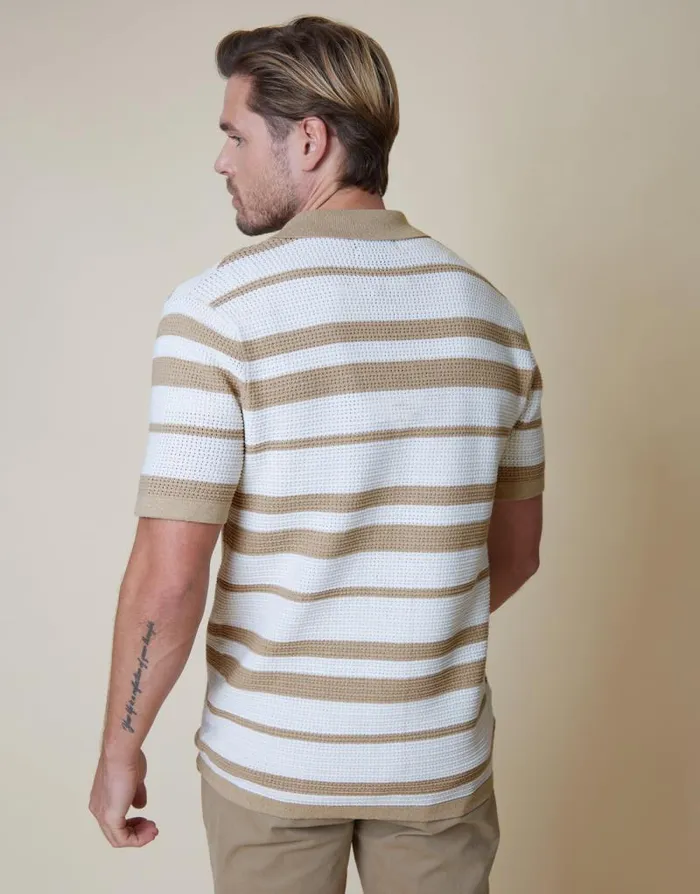Men Stone and Ecru Revere Collar Crochet Knit Shirt Threadbare Shirts