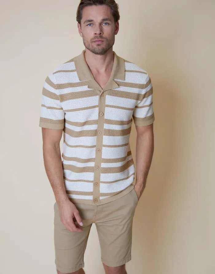Men Stone and Ecru Revere Collar Crochet Knit Shirt Threadbare Shirts