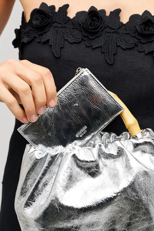 Oroton Gretel Metallic 4 Credit Card Mini Zip Pouch Silver Women Wallets