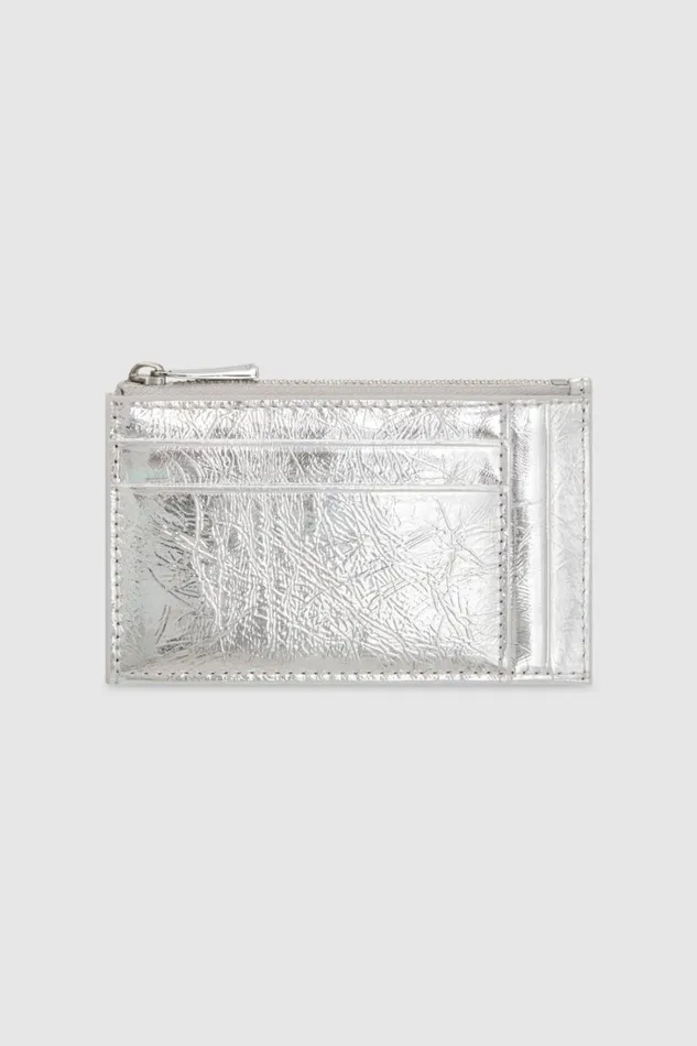 Oroton Gretel Metallic 4 Credit Card Mini Zip Pouch Silver Women Wallets