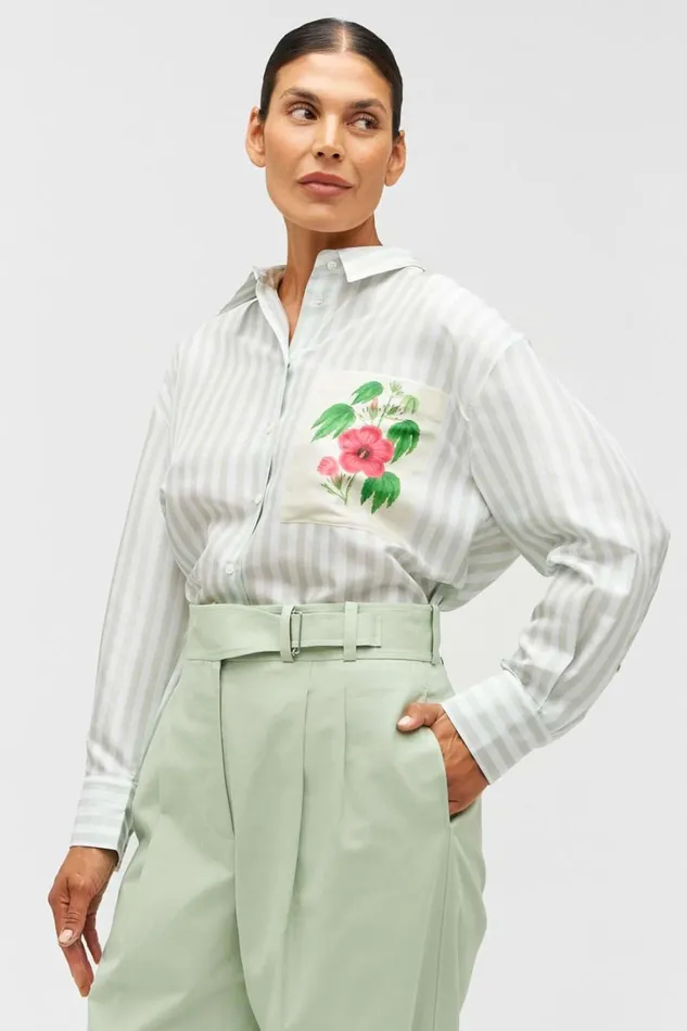 Oroton Verandah Stripe Overshirt Patio Grey Women Tops