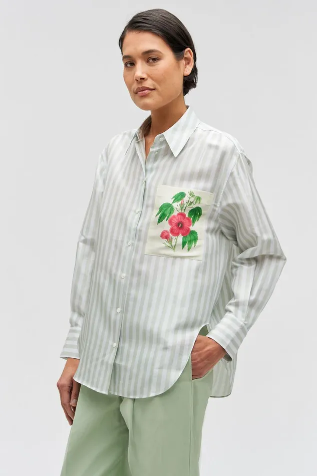 Oroton Verandah Stripe Overshirt Patio Grey Women Tops