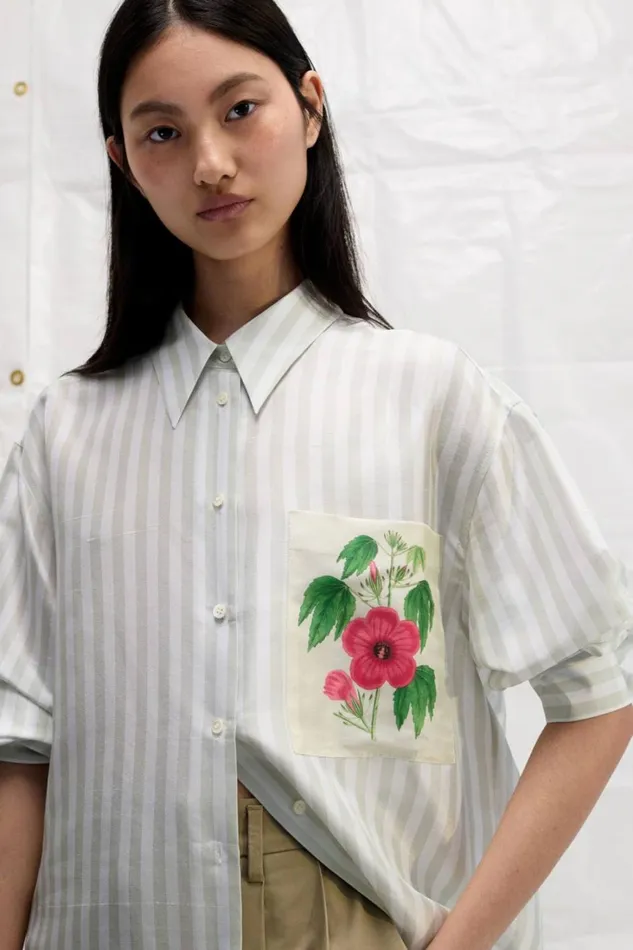 Oroton Verandah Stripe Overshirt Patio Grey Women Tops