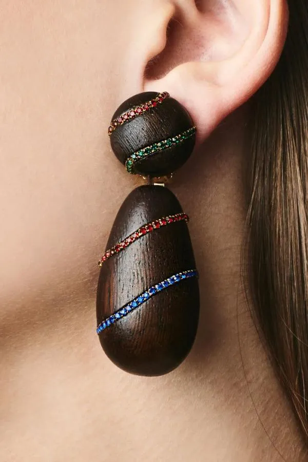 Sachin and Babi Hudson Earrings 8211 Wood Crystals Robles Wood and Ice Blue Women Earrings