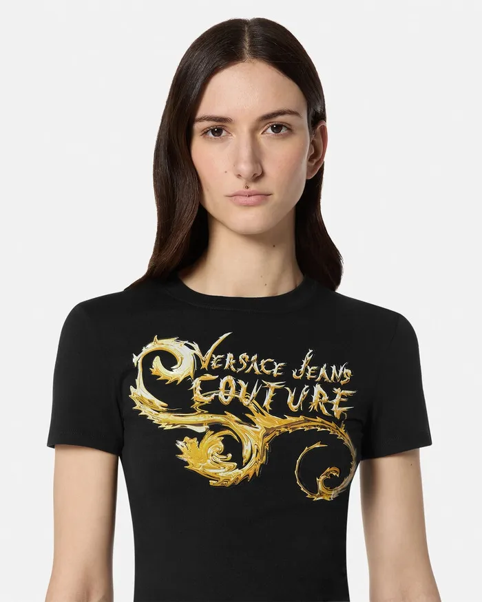 Versace Chromo Couture Logo Crop TShirt Blackgold Women Jeans Couture