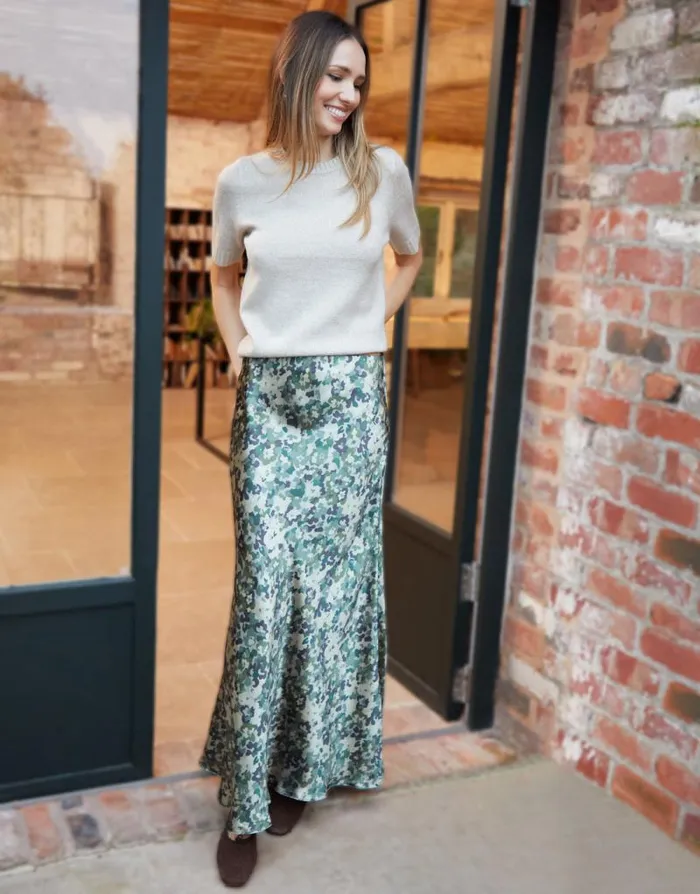 Women Green Camo Print Maxi Satin Slip Skirt Threadbare Skirts