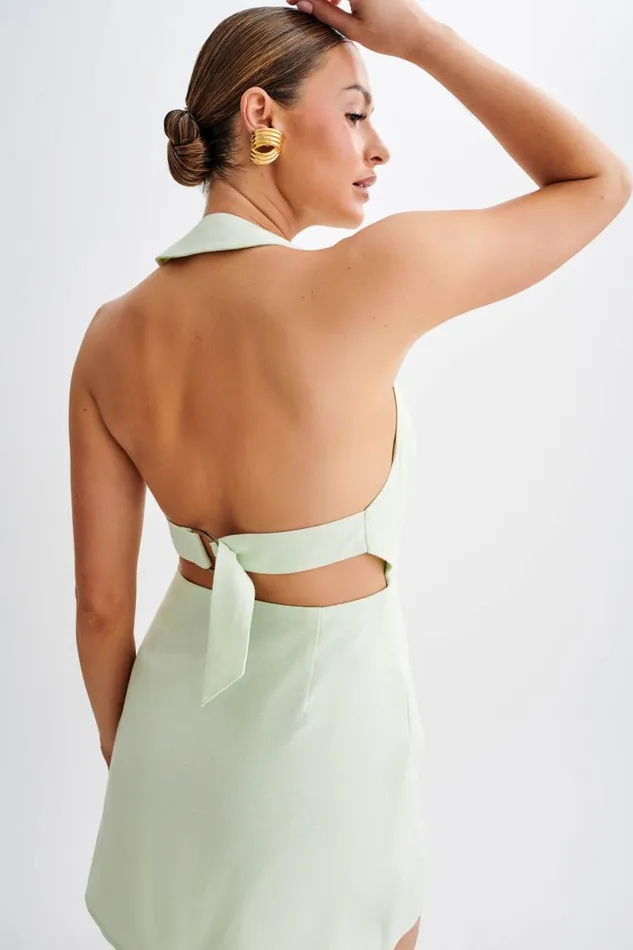 Women Meshki Dresses Lorraine Linen Halter Mini Dress 8211 Mint