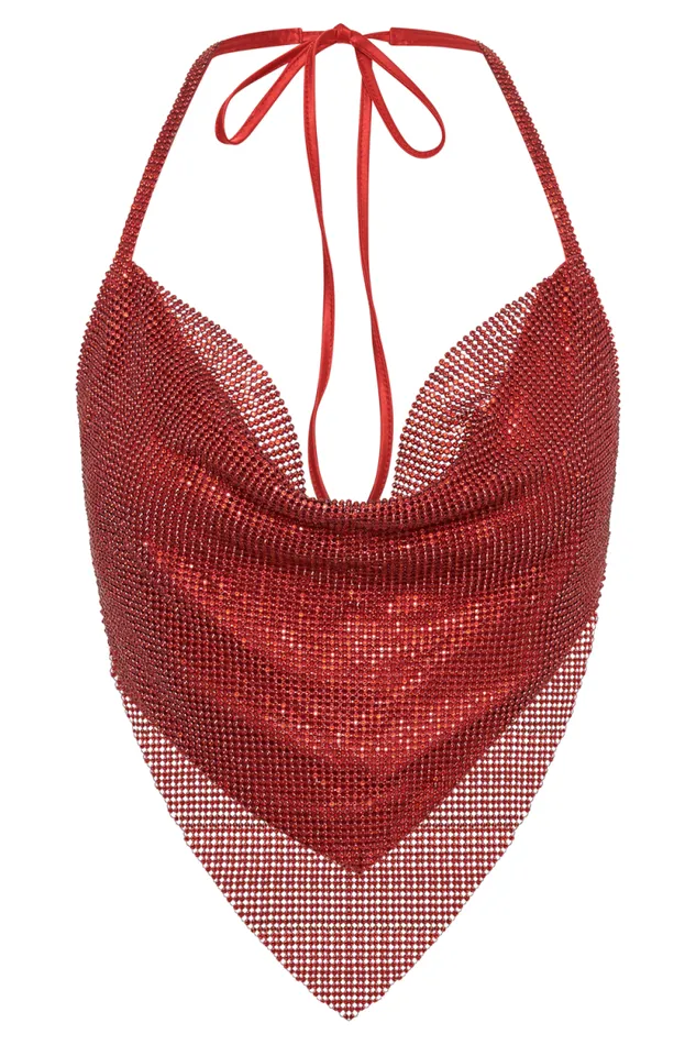 Women Meshki Tops Daphne Diamante Cowl Neck Halter Top 8211 Red
