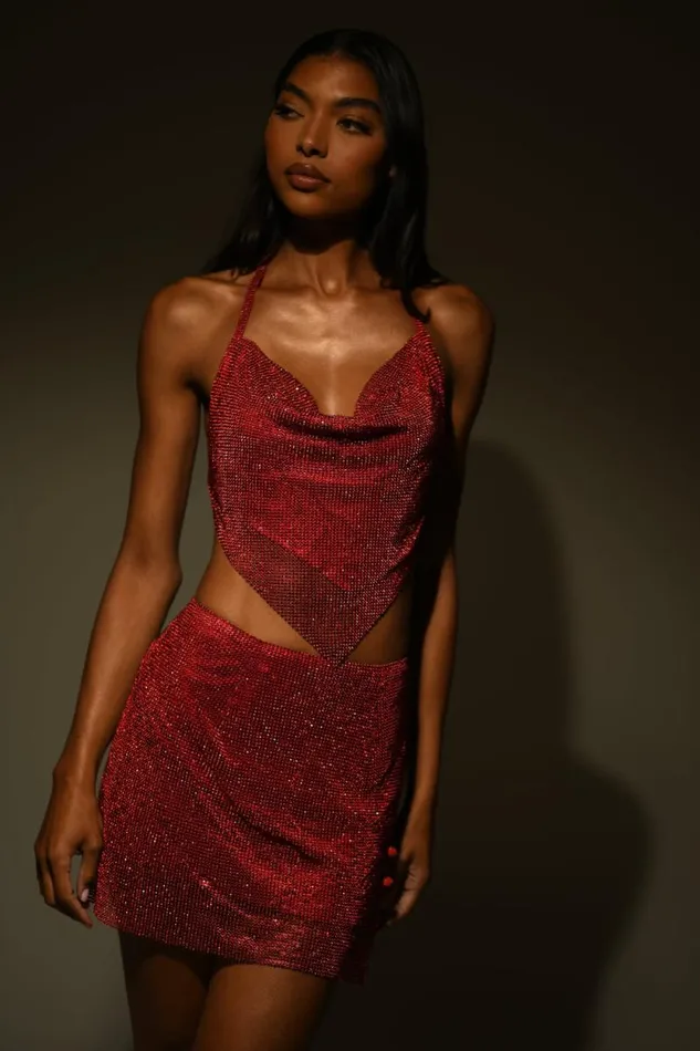 Women Meshki Tops Daphne Diamante Cowl Neck Halter Top 8211 Red
