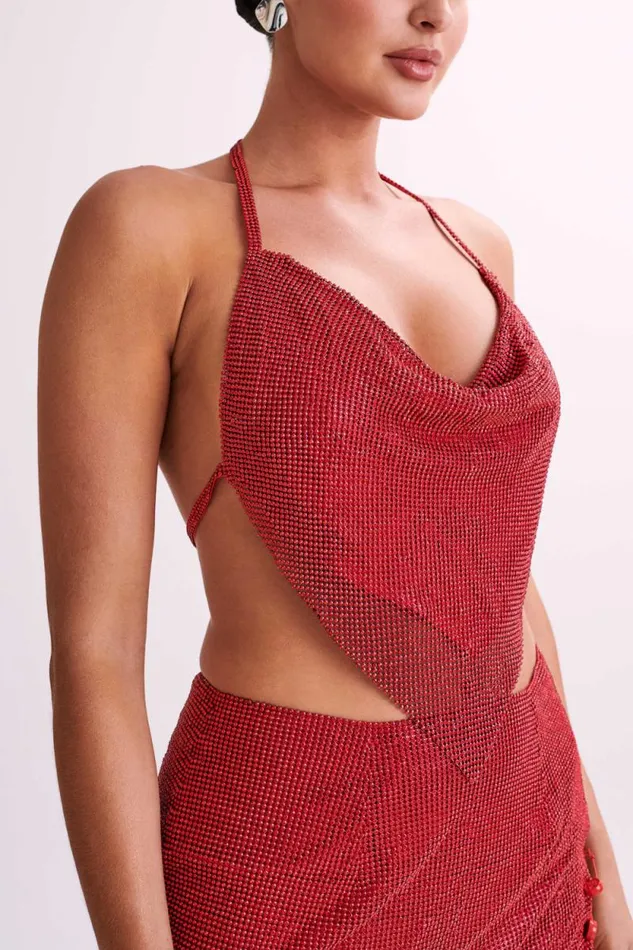 Women Meshki Tops Daphne Diamante Cowl Neck Halter Top 8211 Red