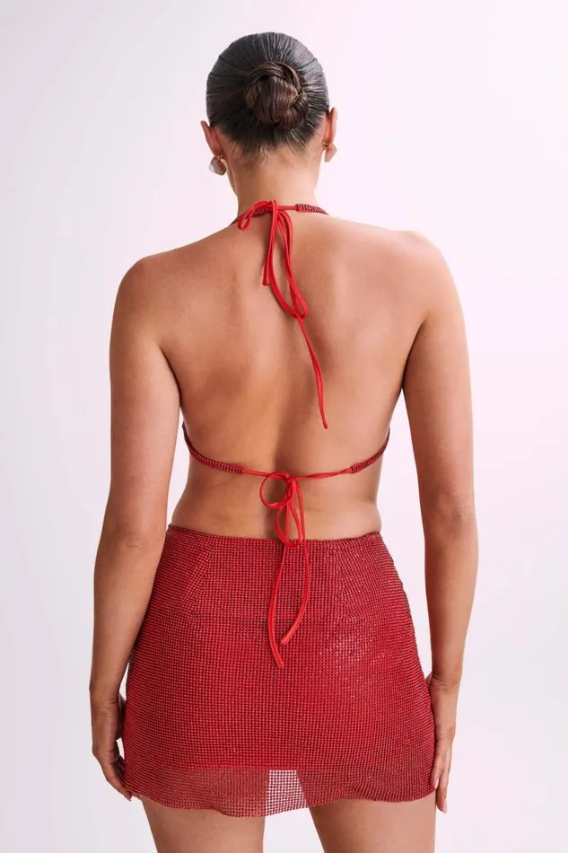 Women Meshki Tops Daphne Diamante Cowl Neck Halter Top 8211 Red