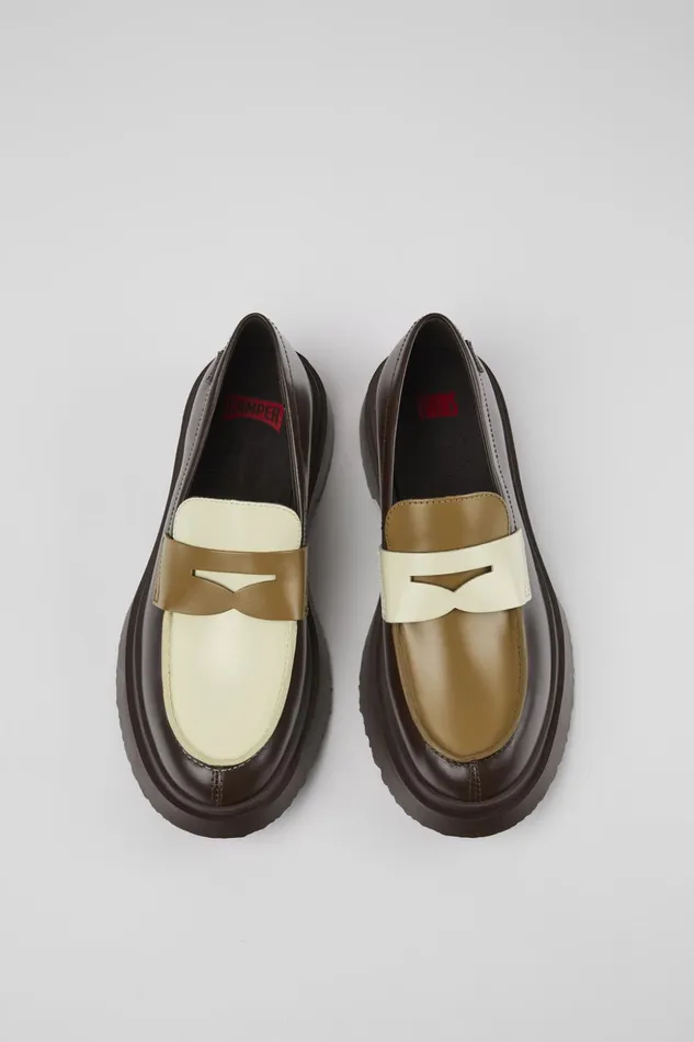 Women Twins Brown And White Leather Loafers Camper Formal Shoes